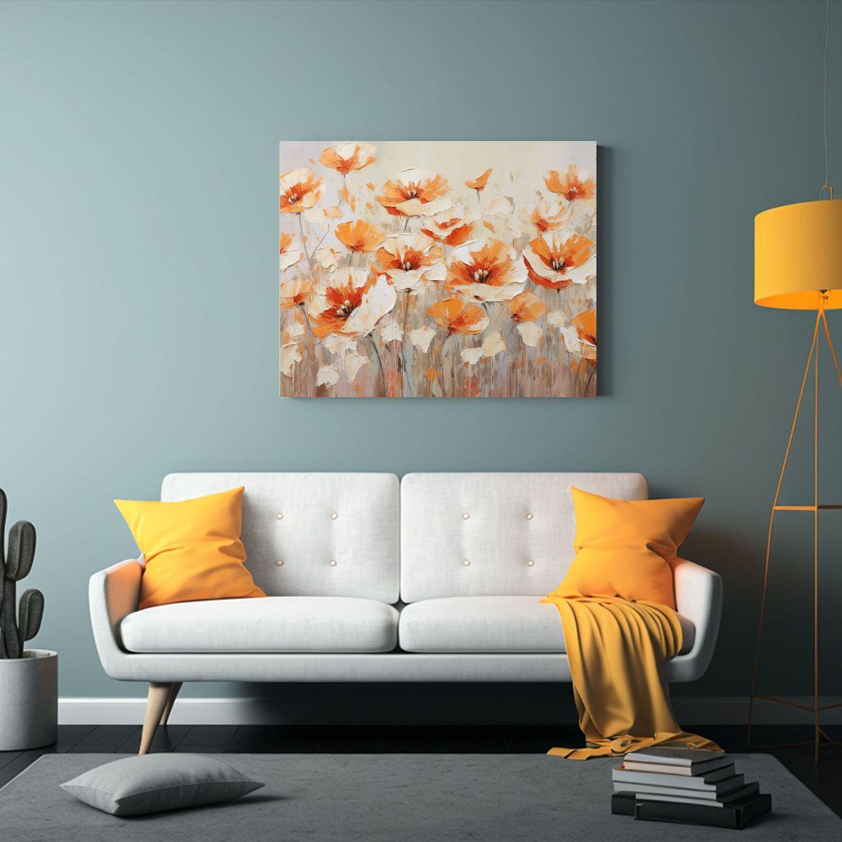 Pintura Floral En Lienzo Blanco Y Naranja: Movimiento Y Pers 65x50cm-2
