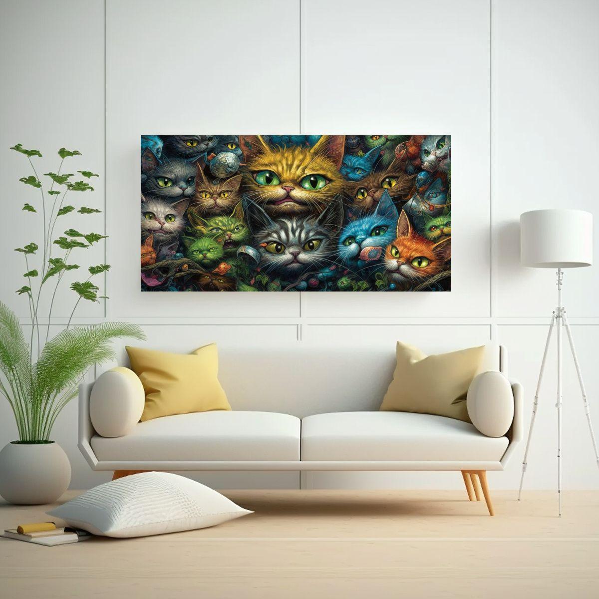 Pintura Al Estilo óleo De Varios Gatos Con Ojos 60x30 Cm-2
