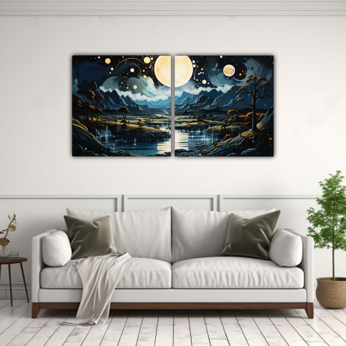 Pintura Inspiradora: Luna Y Montañas En La Sala 140x70 Cm-2