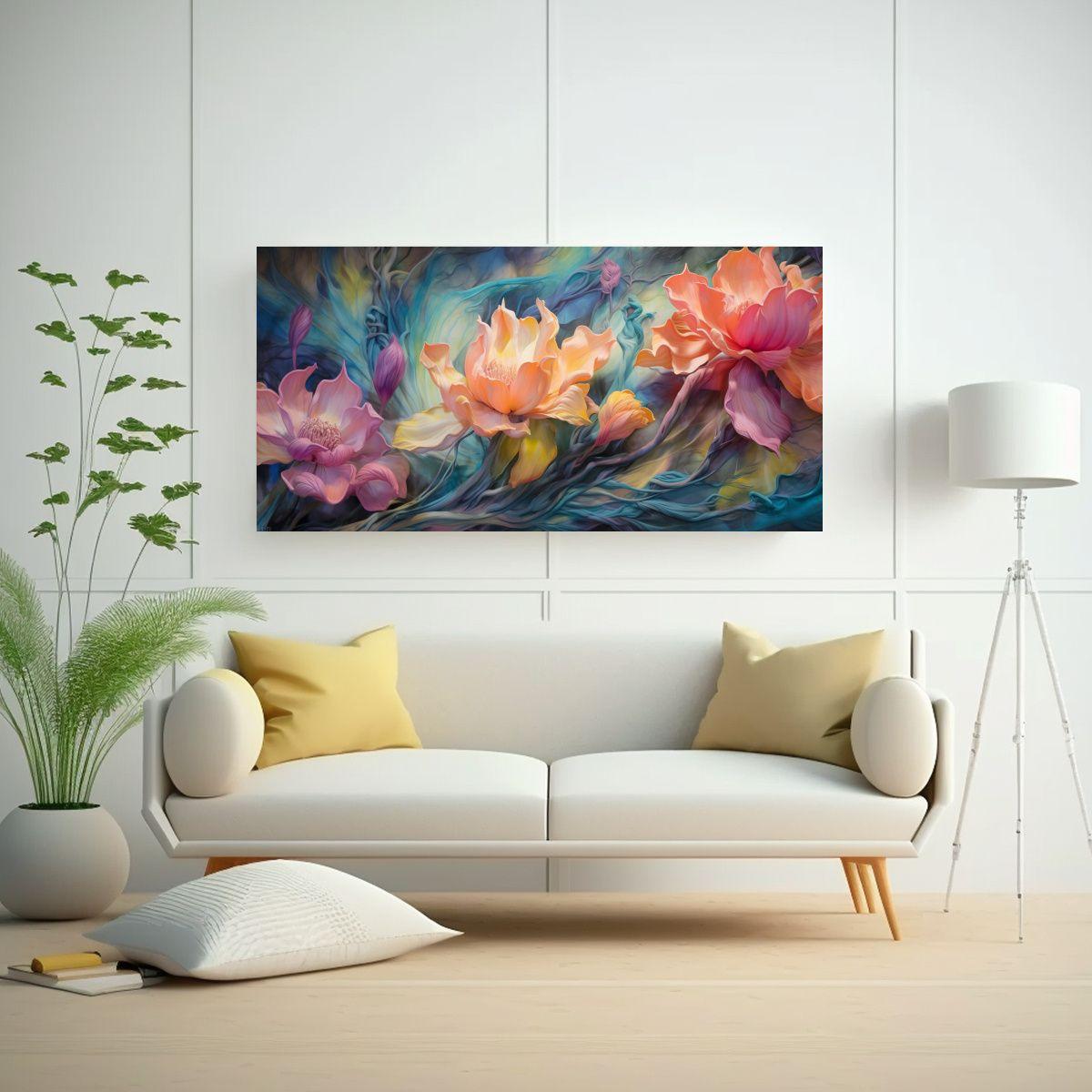 Pintura Floral Encaústica Simétrica De Fantasía 140x70cm-2