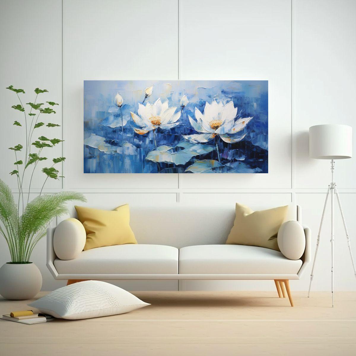 Pintura Azul De Loto En Lienzo Estilo Bohemio: 100x50cm-2