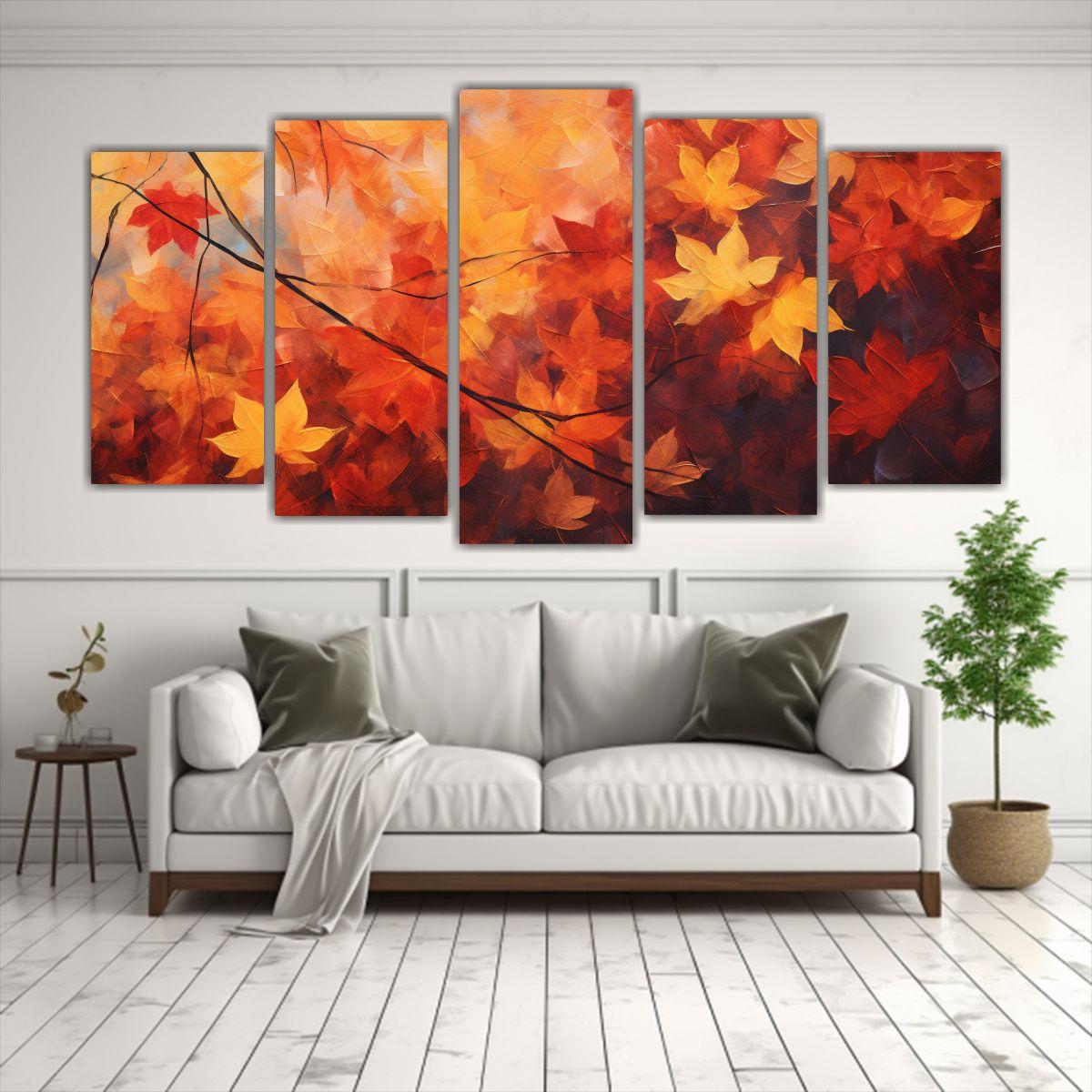 Pinturas Abstractas Otoño Follaje En 5 Cuadros 150x75 Cm-2