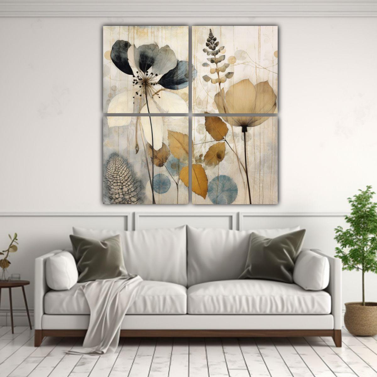 Cuatro Lienzos De Tela Con Patrón Botánico 200x200 Cm-2