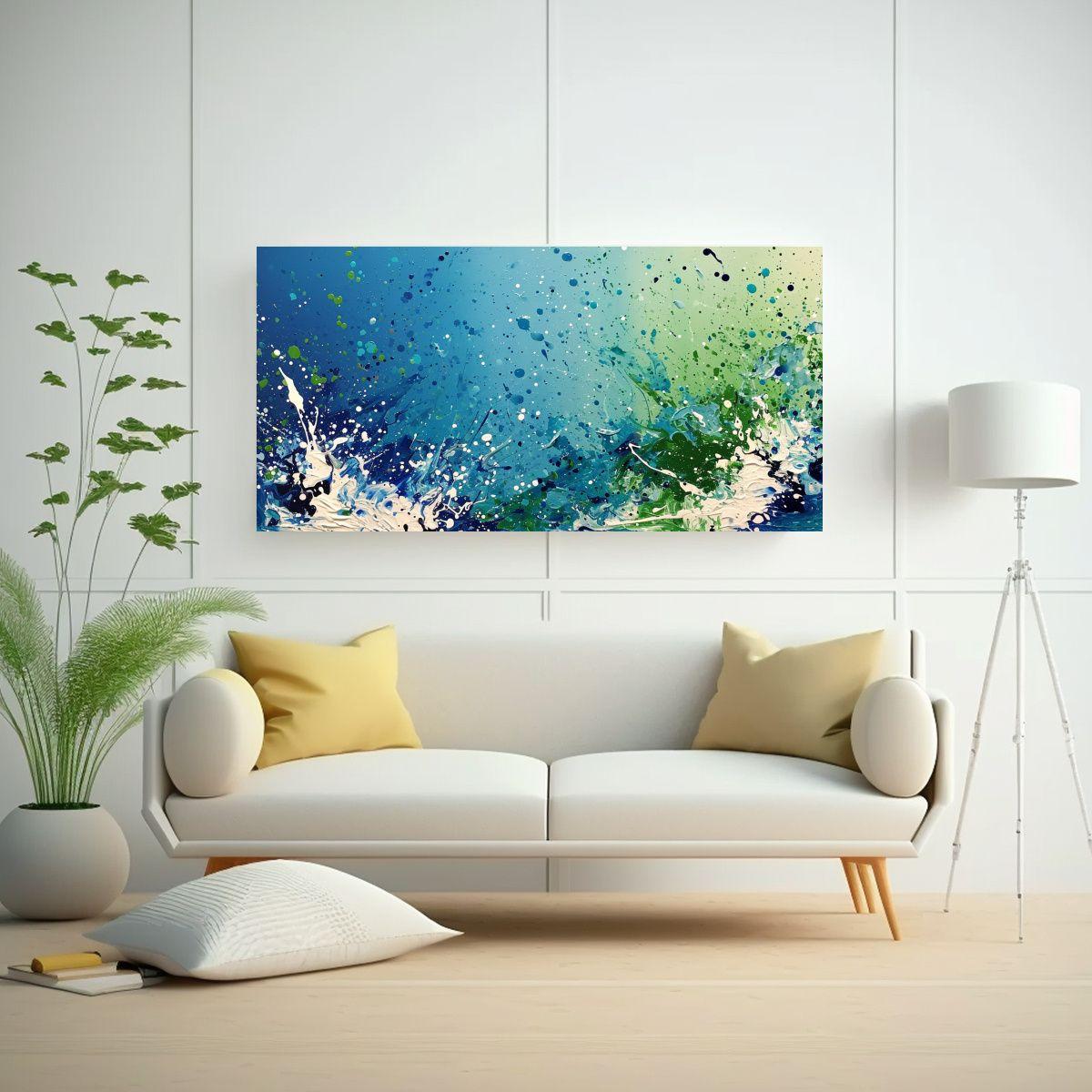 Cuadro Abstracto: Armonía De Colores Azul, Verde 60x30cm-2