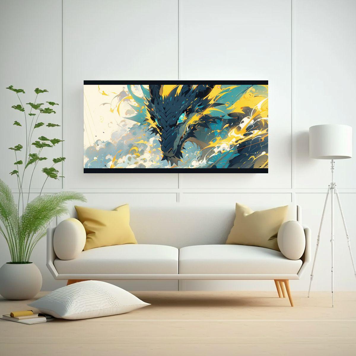 Cuadro Moderno En Bastidor: Dragón Amarillo Y Tur 140x70cm-2