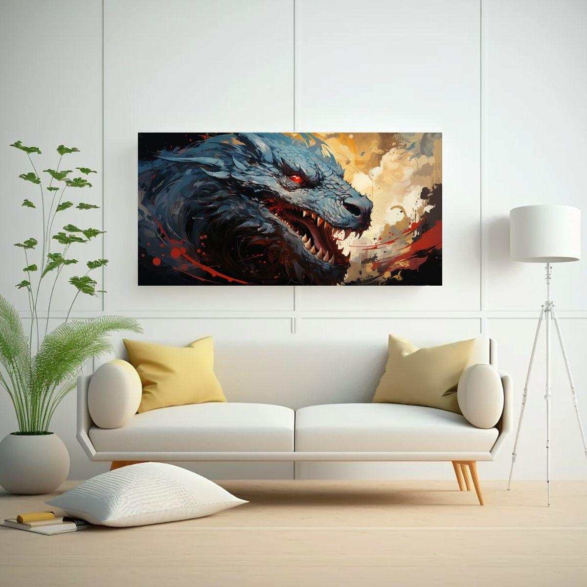 Pintura De Dragón En Rojo Y Dorado En Bastidor 140x70cm-2