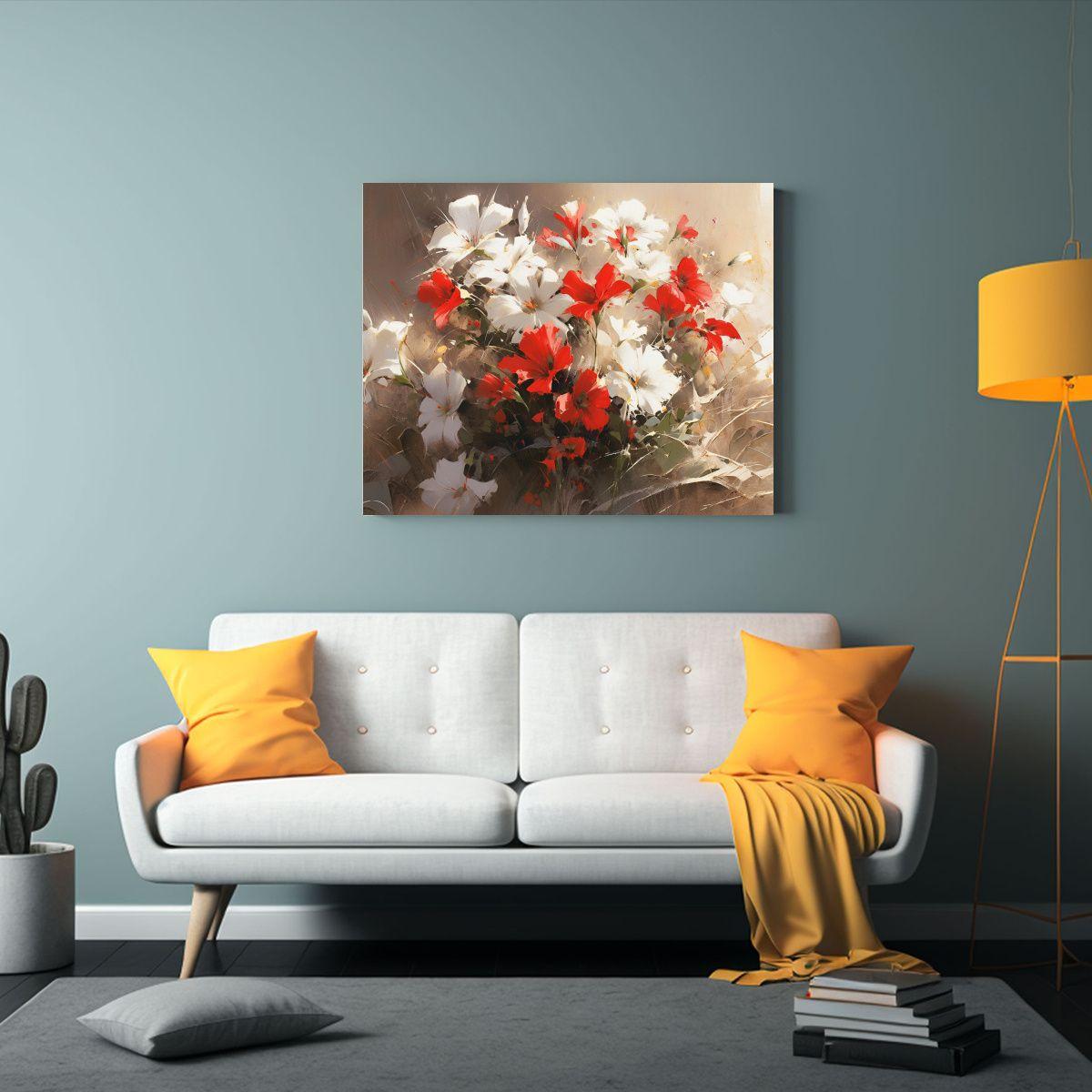 Cuadro Floral Blanco Y Rojo En Lienzo Para Decorar 40x30cm-2
