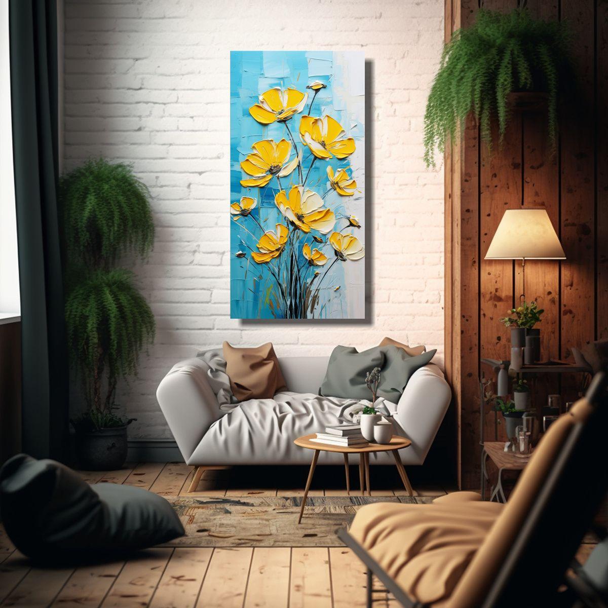 Pintura Lienzo Flores Amarillo Y Turquesa Cuadro C 60x120cm-2