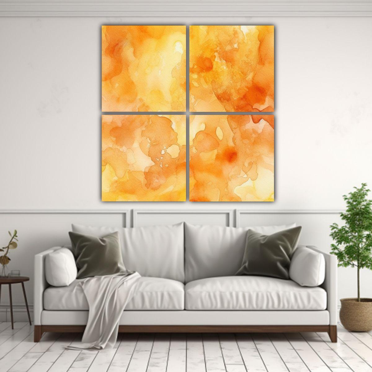Cuatro Cuadros Naranja Pastel Con Textura Acuarela 100x100 Cm-2