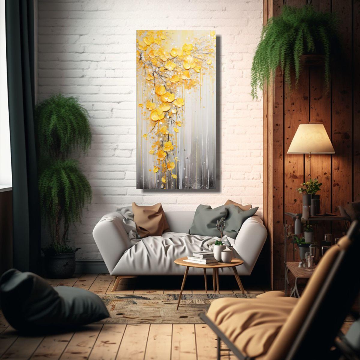 Cuadro Decoración Amarillo Y Plateado Estilo 60x120cm-2