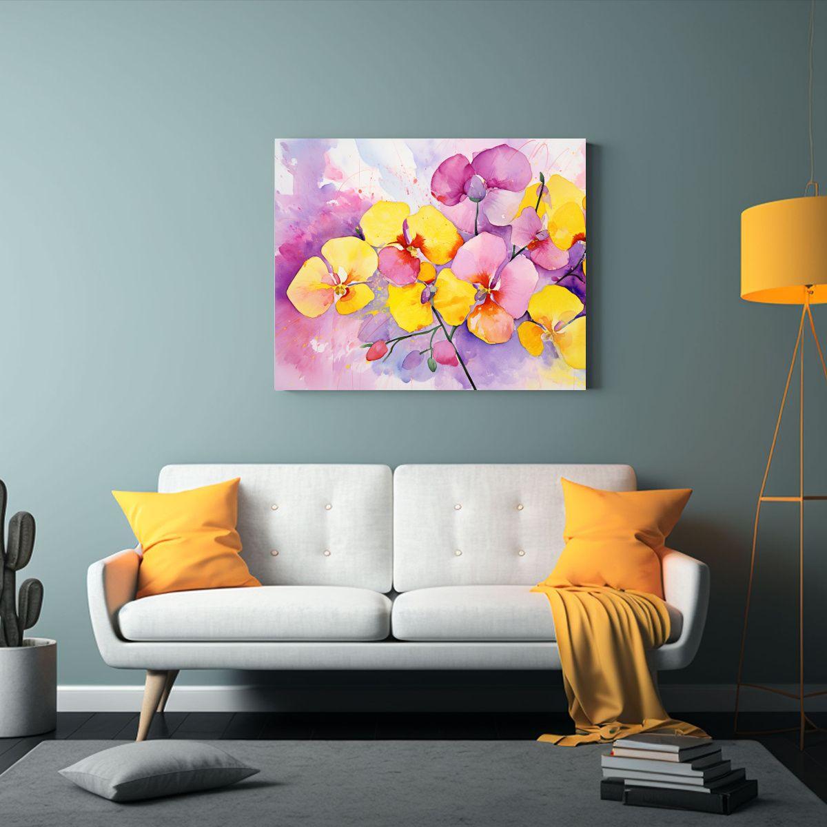 Cuadro Abstracto Violetas Y Amarillos Con Finas Líneas Rosa 65x50cm-2