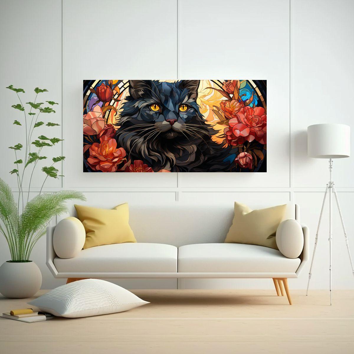 Pintura En Lienzo De Equilibrado Gato Negro 140x70cm-2