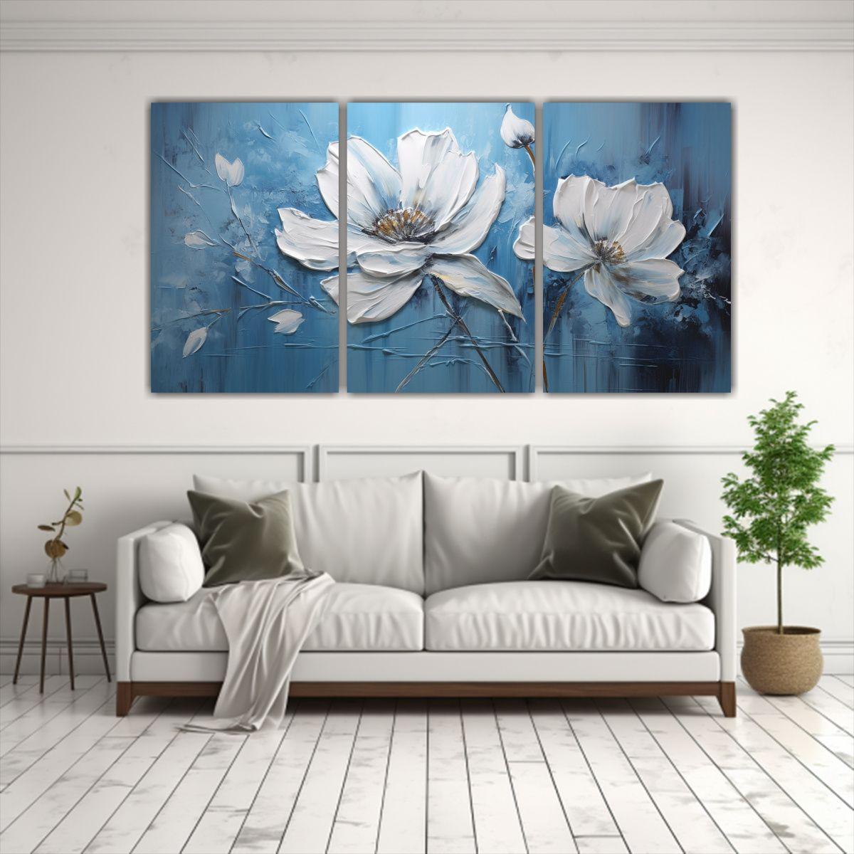 Pintura Floral Azul En Lienzo Con Estilo 180x90 Cm-2