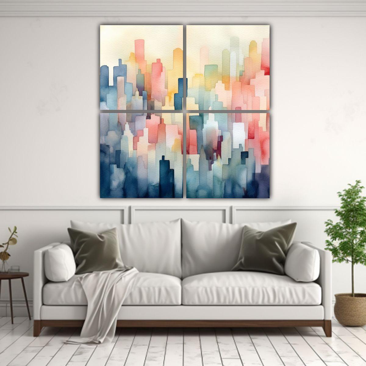 Cuatro Cuadros Tonos Refinado Paisaje Urbano 60x60 Cm-2