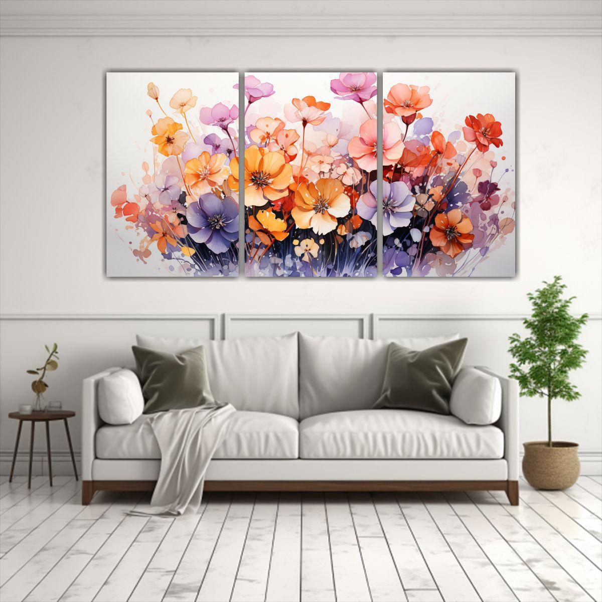 Conjunto De 3 Cuadros Modernos De Flores Violets 150x75 Cm-2