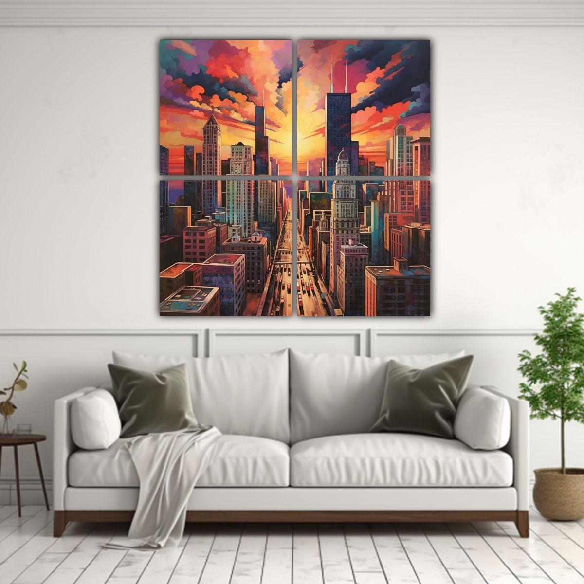 Lienzos Acuarela De La Ciudad Con Edificios Altos 100x100 Cm-2