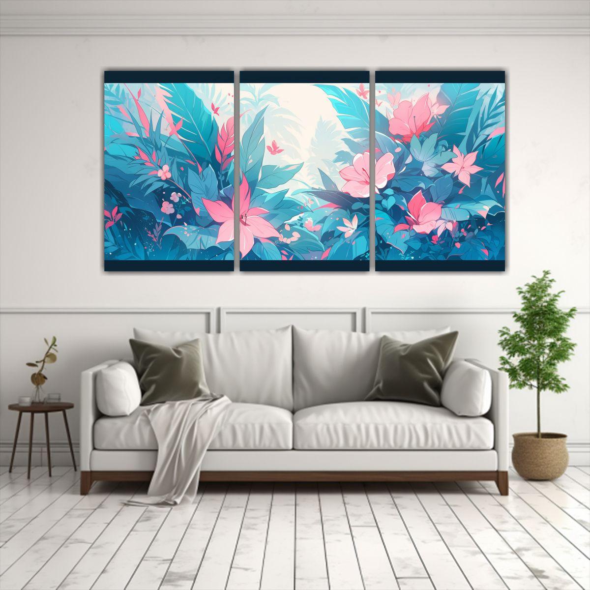 Conjunto 3 Cuadros Calidos Unico Turquesa Y Rosa 90x45 Cm-2