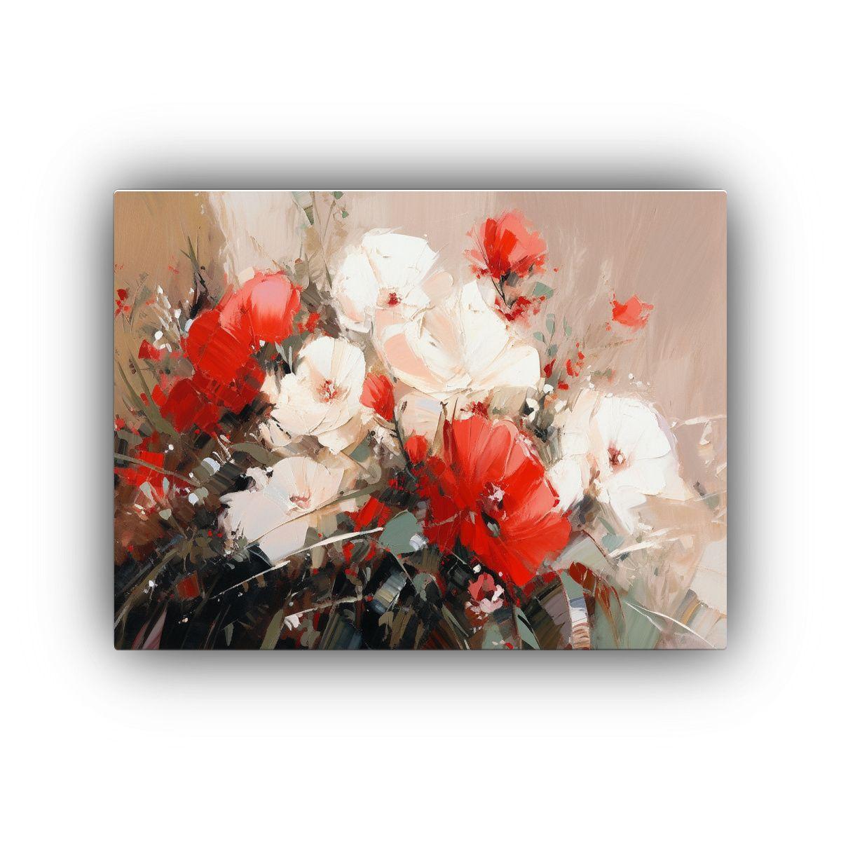 Pintura En Lienzo De Flores Blancas Y Rojas En Bastidor: Dec 120x80cm-0