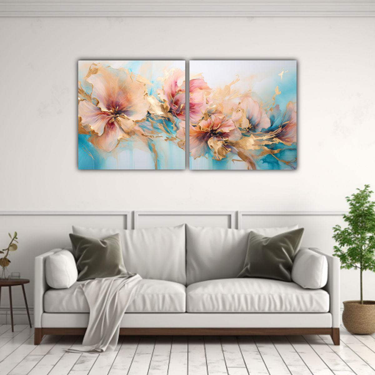 Cuadro Abstracto De Flores Turquesa Y Dorado, 60x30 Cm-2