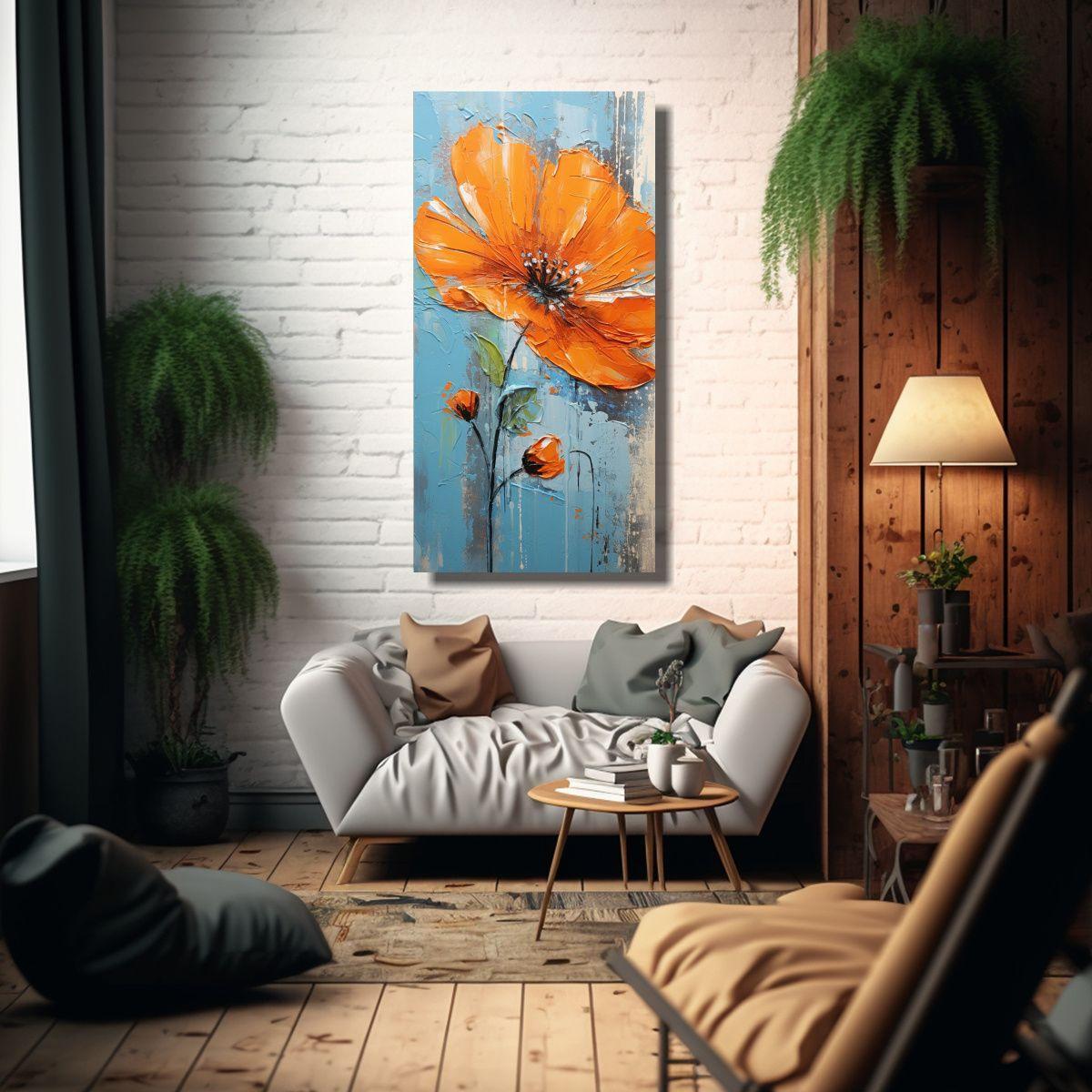Pintura En Lienzo De Flor Naranja Estilo 60x120cm-2