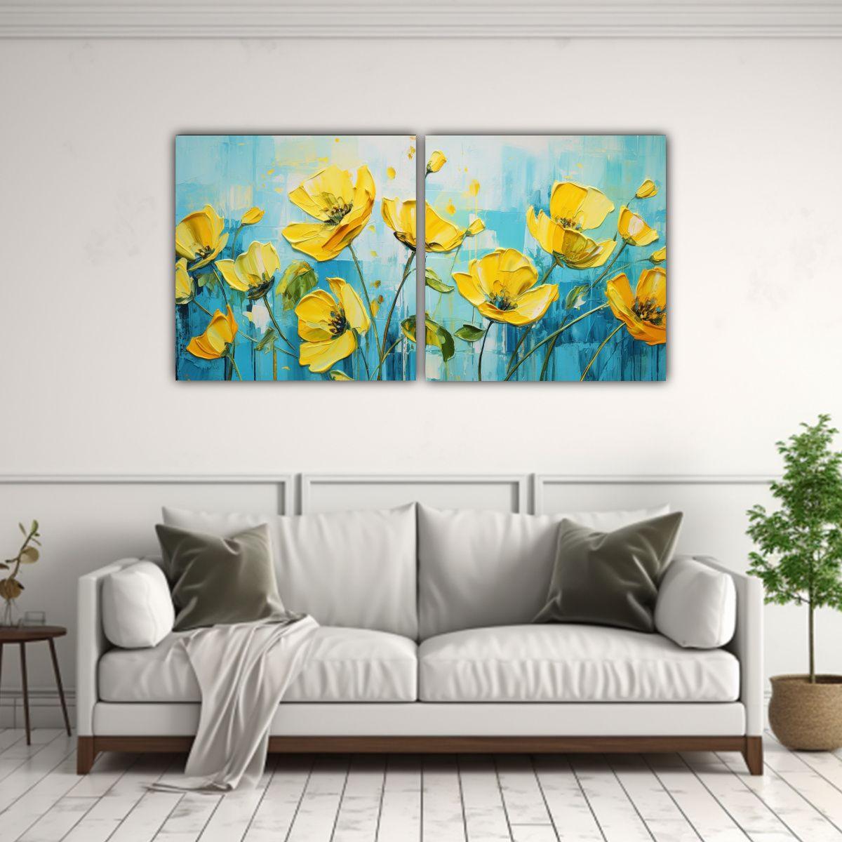 Cuadros Inspiradores De Flores Amarillas Y Cian 160x80 Cm-2