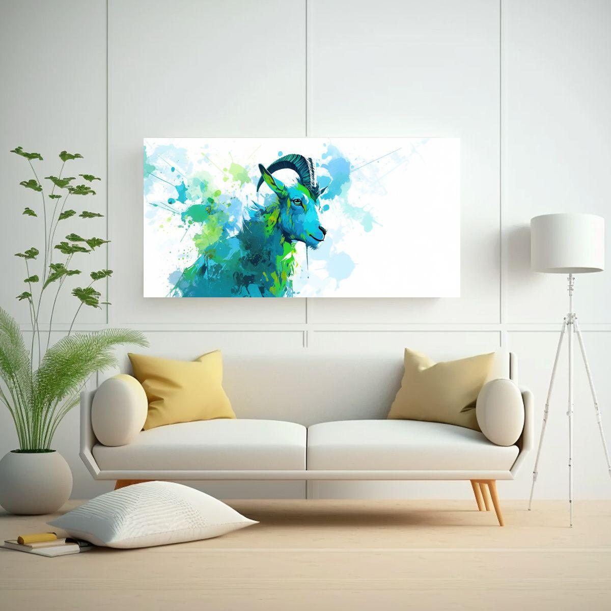 Cuadro Horizontal Para Sala Cabra En Verde Y Azul  100x50cm-2
