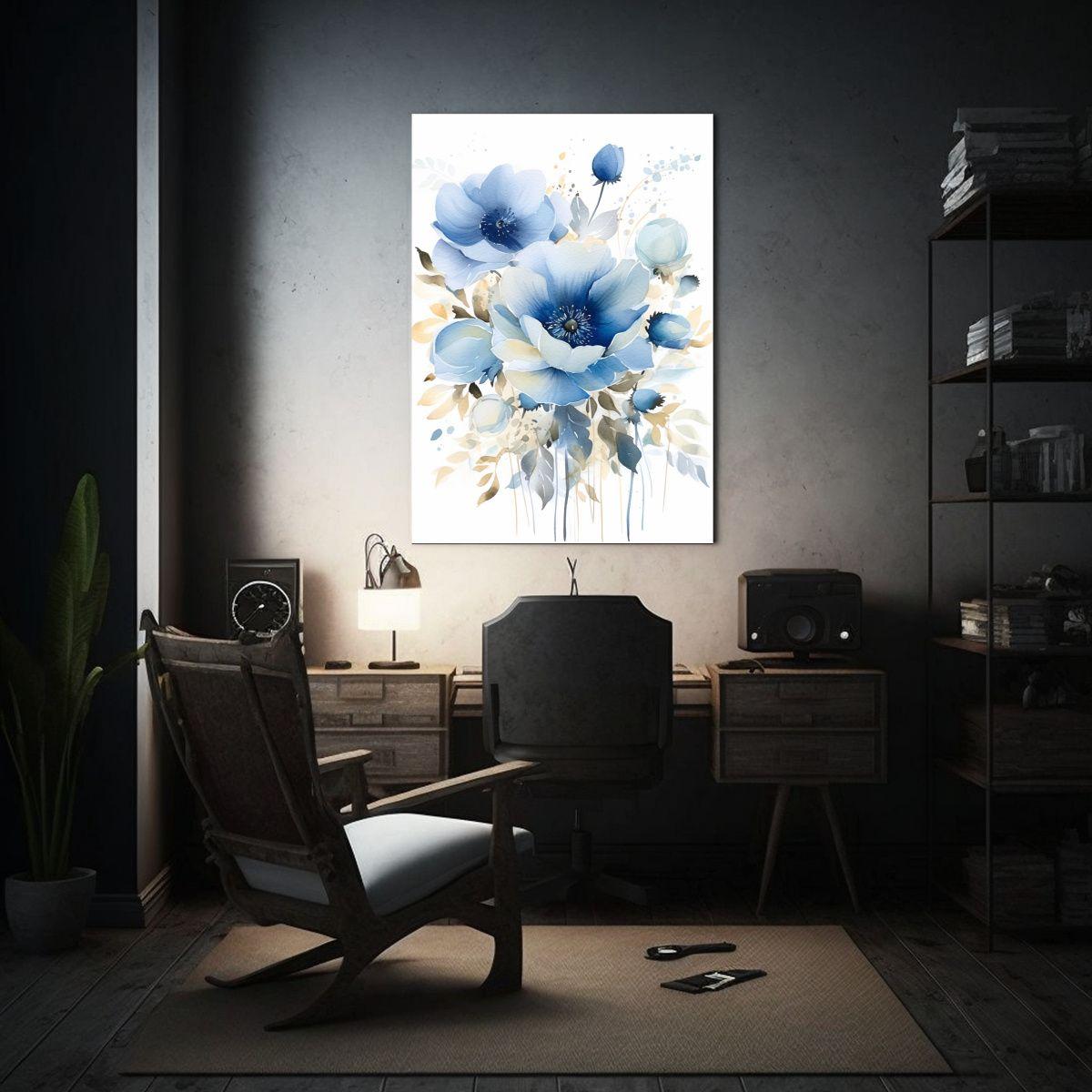 Pintura En Bastidor Moderna De Amapolas Azules Y Blancas En  20x30cm-2