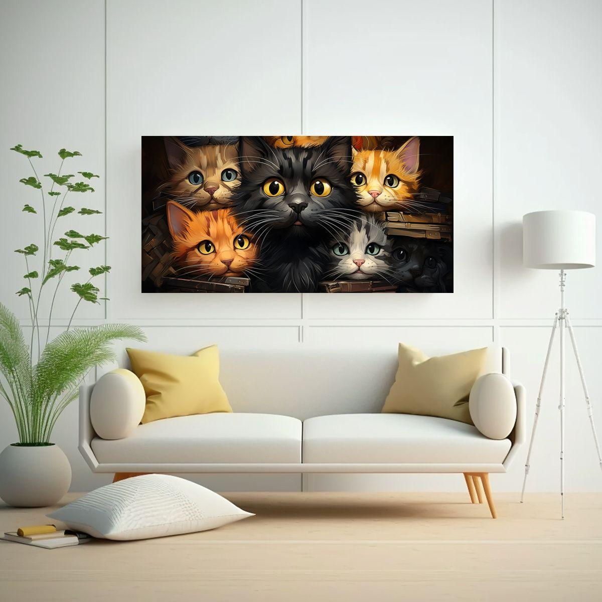 Cuadro De Gatos De Colores Sobre Fondo Naranja 120x60cm-2