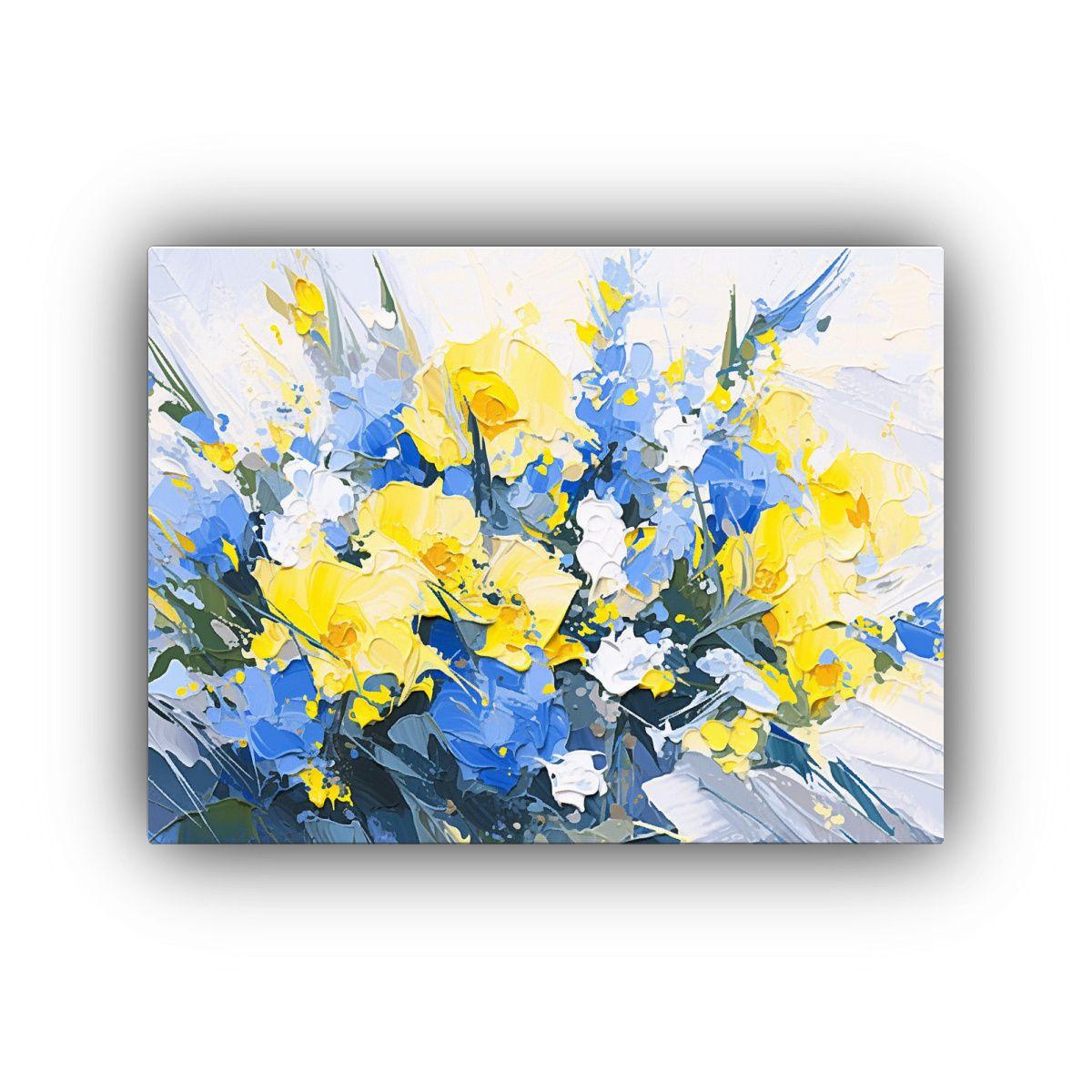 Pintura Sobre Lienzo De Flores Amarillas Y Azules Con Línea 30x20cm-0