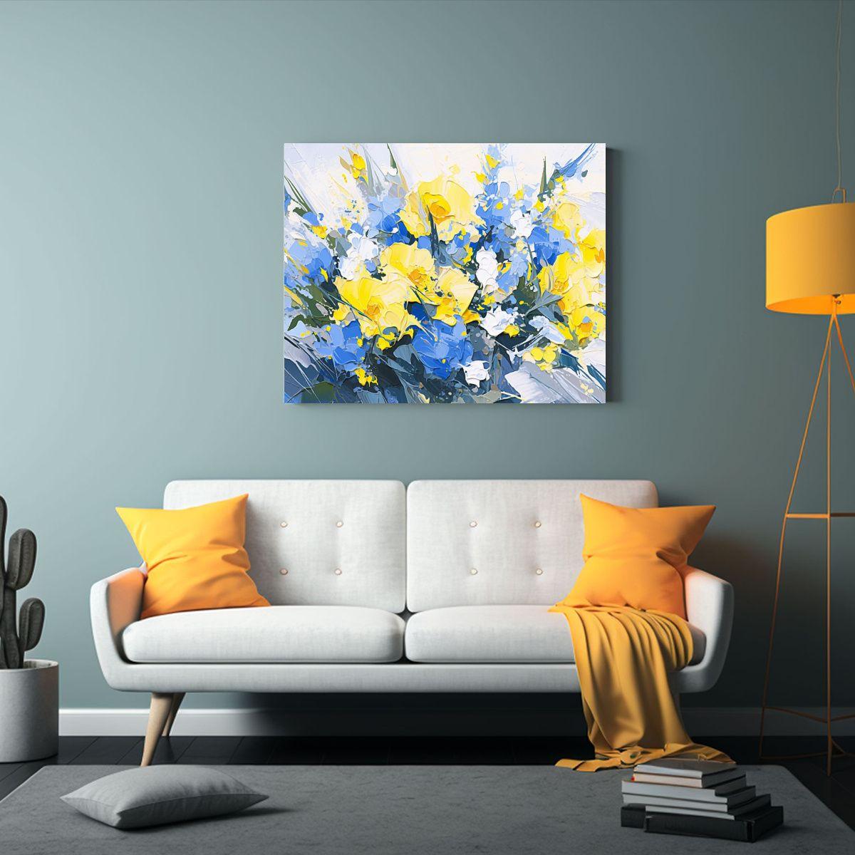Pintura Sobre Lienzo De Flores Amarillas Y Azules Con Línea 30x20cm-2
