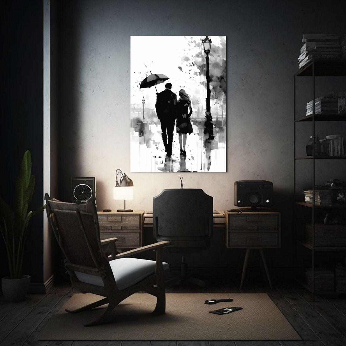 Pareja Paseando Bajo La Lluvia Con Paraguas Junto 80x120 Cm-2