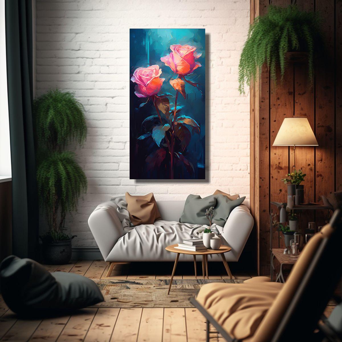 Cuadro Hermoso De Dos Rosas Rosadas Pintadas Con 40x80cm-2