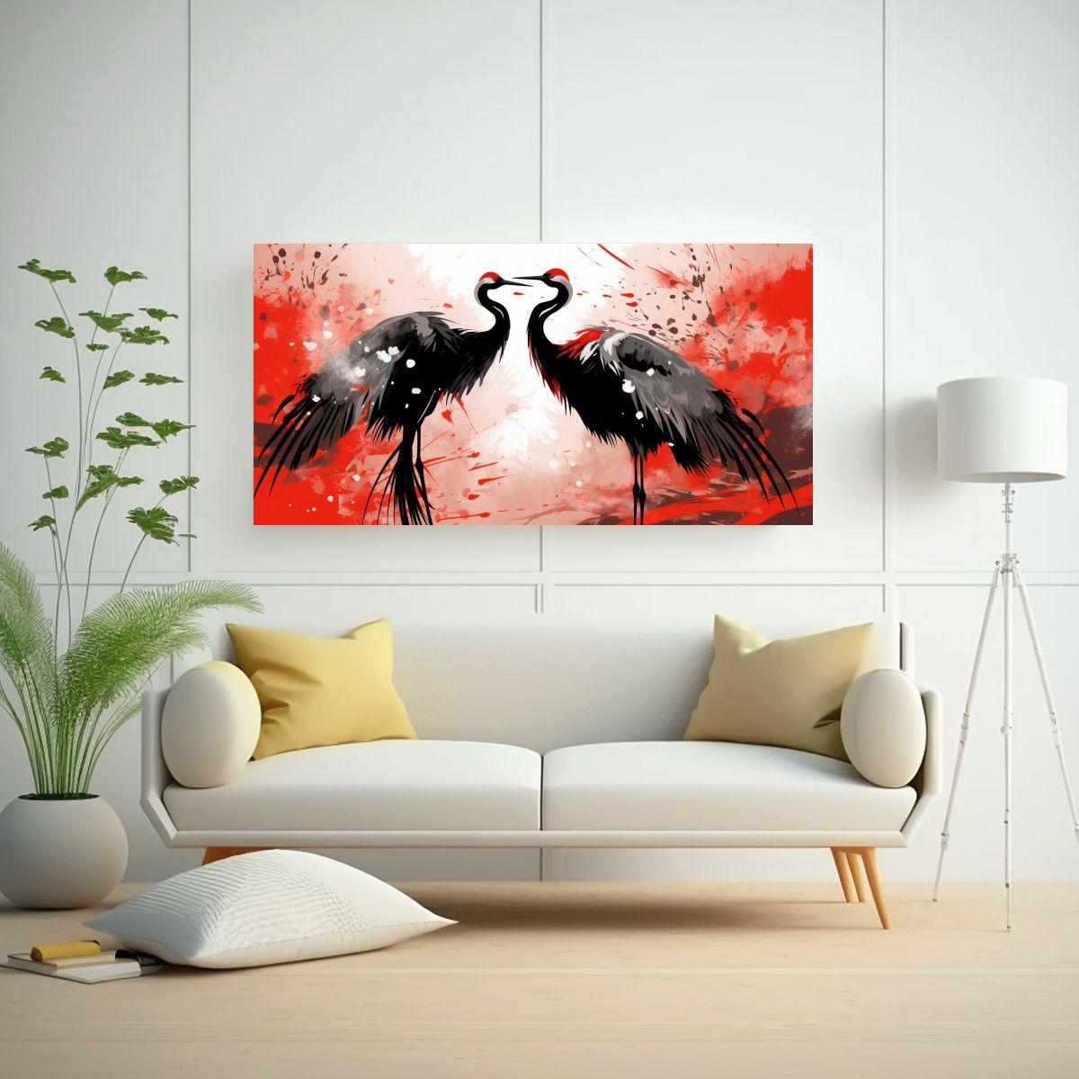Cuadro Vintage Linda A Cranes Rojo Y Negro Arte 100x50cm-2
