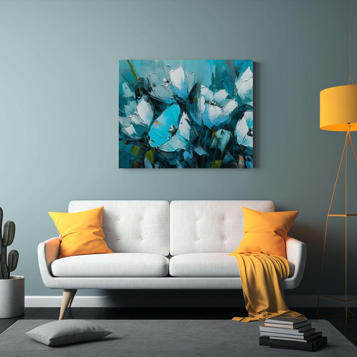 Pintura Cuadro Temático Flores Turquesa En Lienzo Estilo. 90x60cm-2