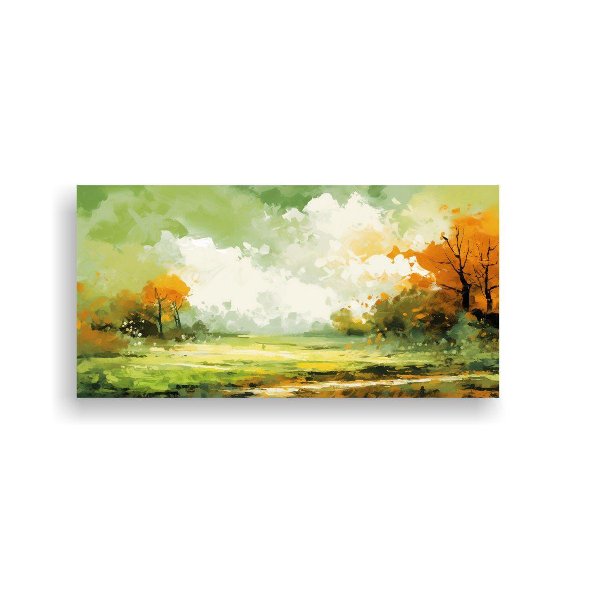 Pintura Paisaje Otoñal Con Colores Verdes Estilo 60x30cm-0