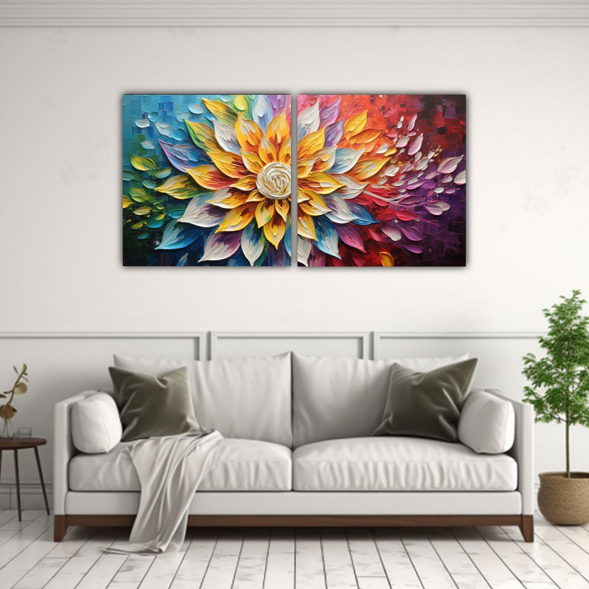 Obra Floral En Lienzo Estilo Dos Pantallas De 80x40 Cm-2
