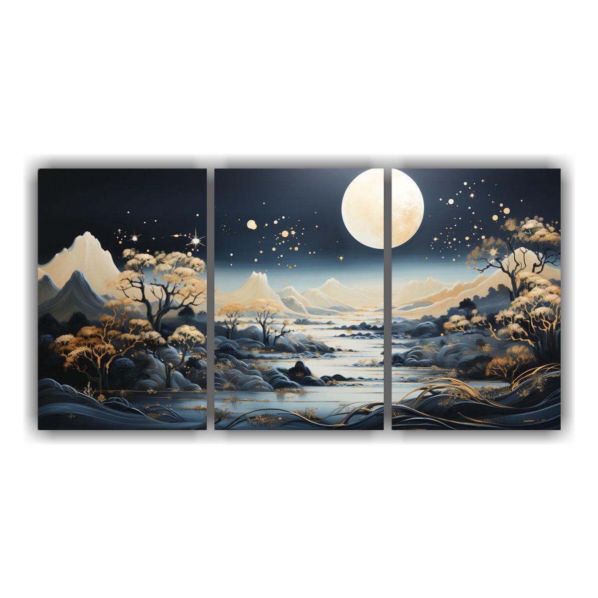 Paisaje Con Luna Y Montañas En Tres Telas: 60x30 Cm-0