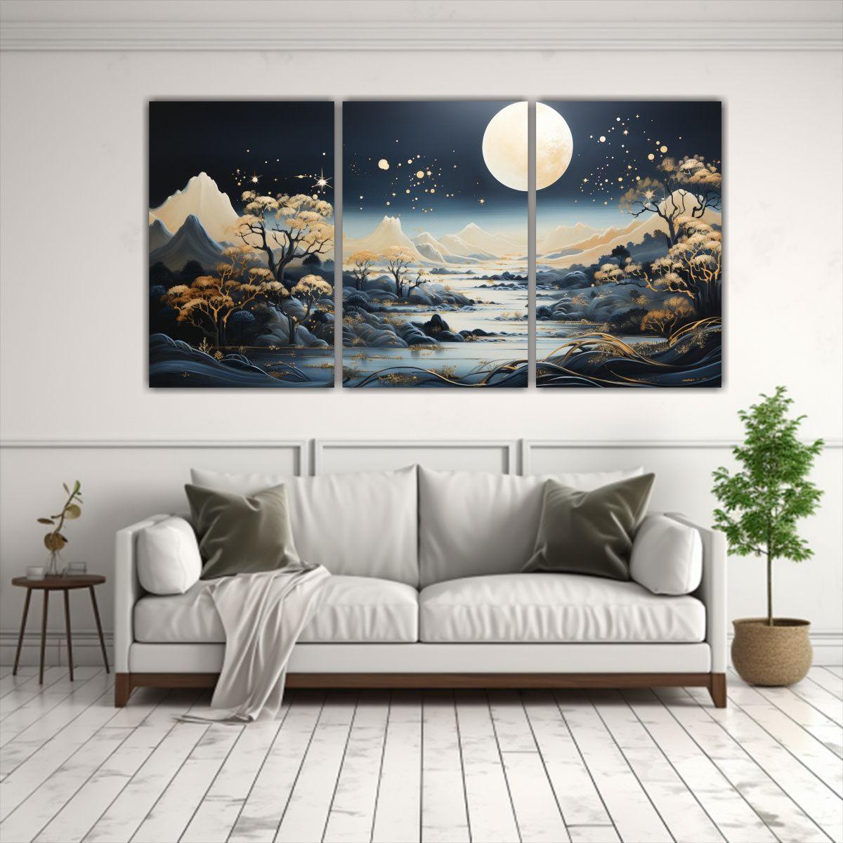 Paisaje Con Luna Y Montañas En Tres Telas: 60x30 Cm-2