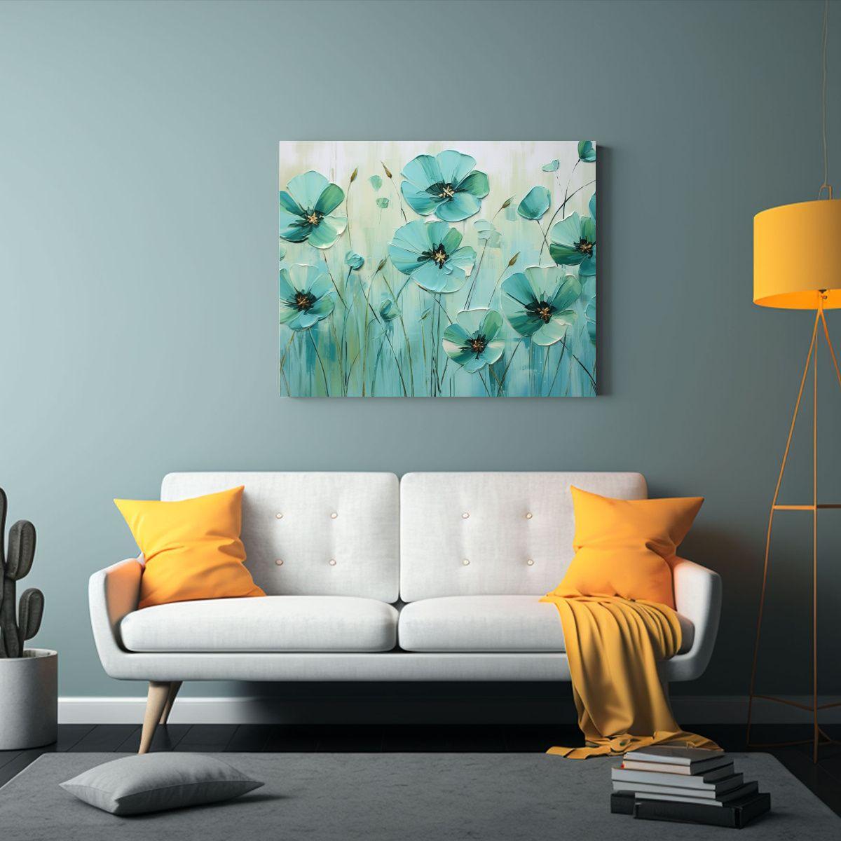 Pintura En Lienzo De Flores Verdes Y Cian, Obra 30x20cm-2