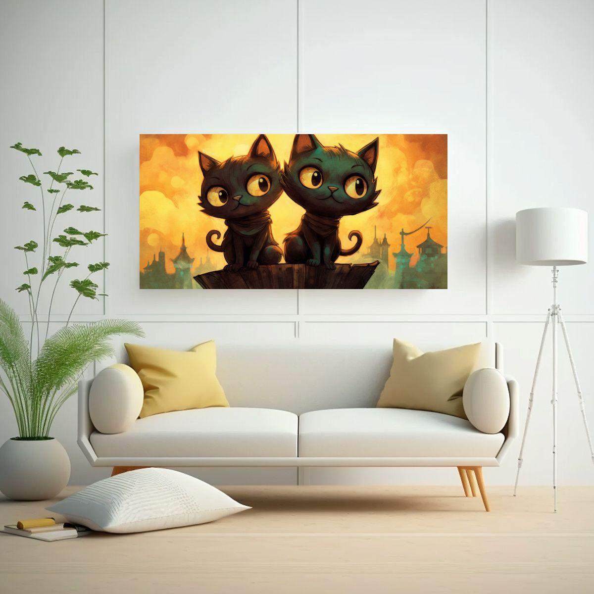 Pinturas Decorativas De Gatos Negros En Acuarela, 100x50cm-2