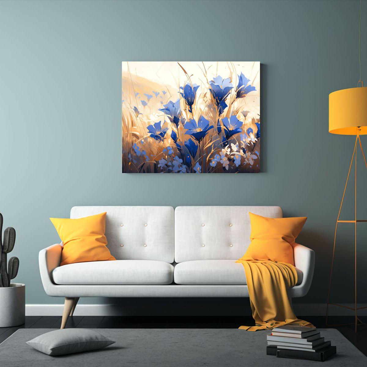 Pintura De Flores En Lienzo En Colores Oro Y Azul: 75x50cm-2