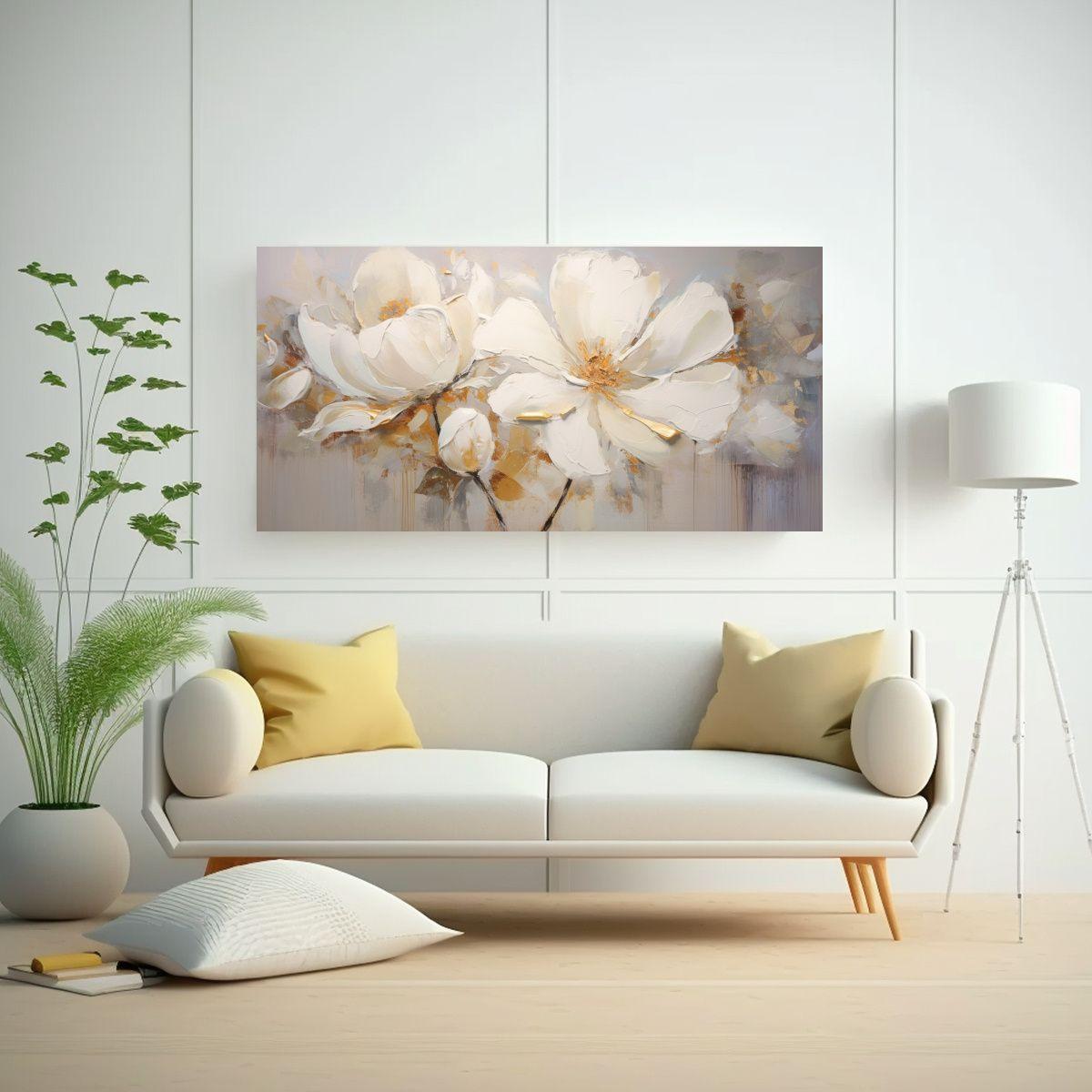 Cuadro Floral Blanco En Lienzo, Estilo Pintura 40x20 Cm-2