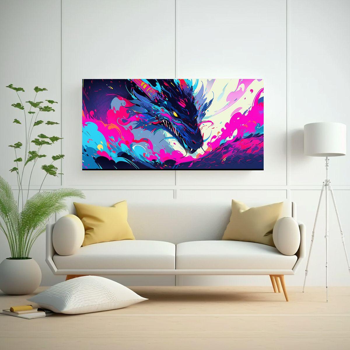 Pintura Mural: Dragón Vibrante En Colores 80x40cm-2