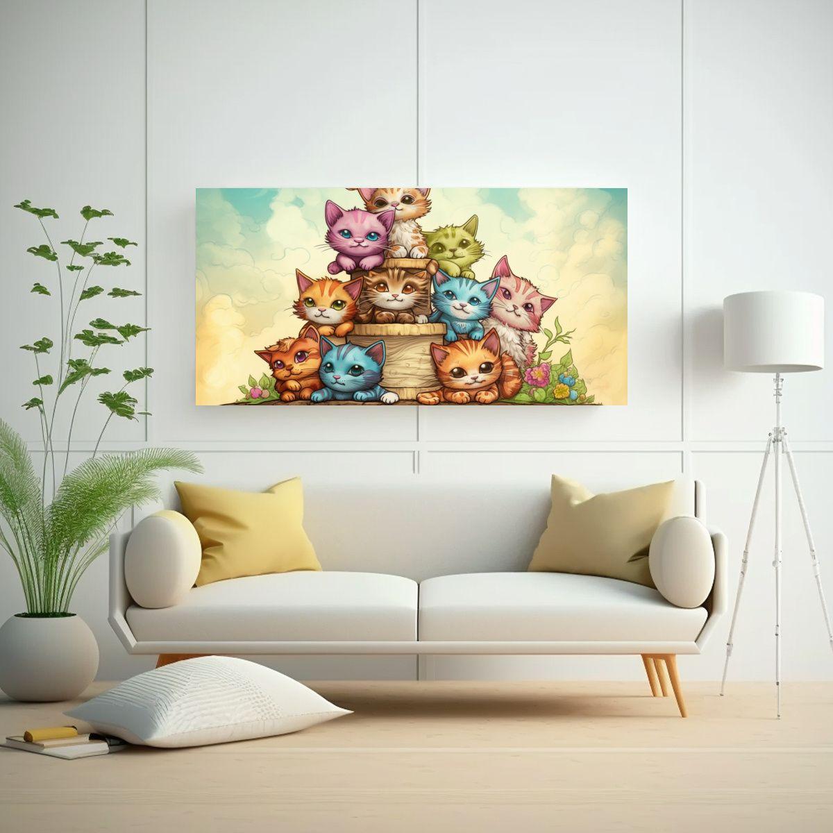 Cuadro Patron Gatos Perchados En Pila Mirando 120x60cm-2