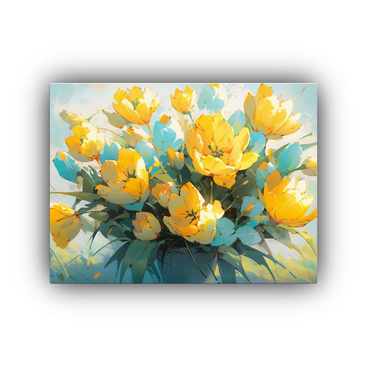 Cuadro En Lienzo De Flores Amarillas Y Turquesas Con Composi 75x50cm-0