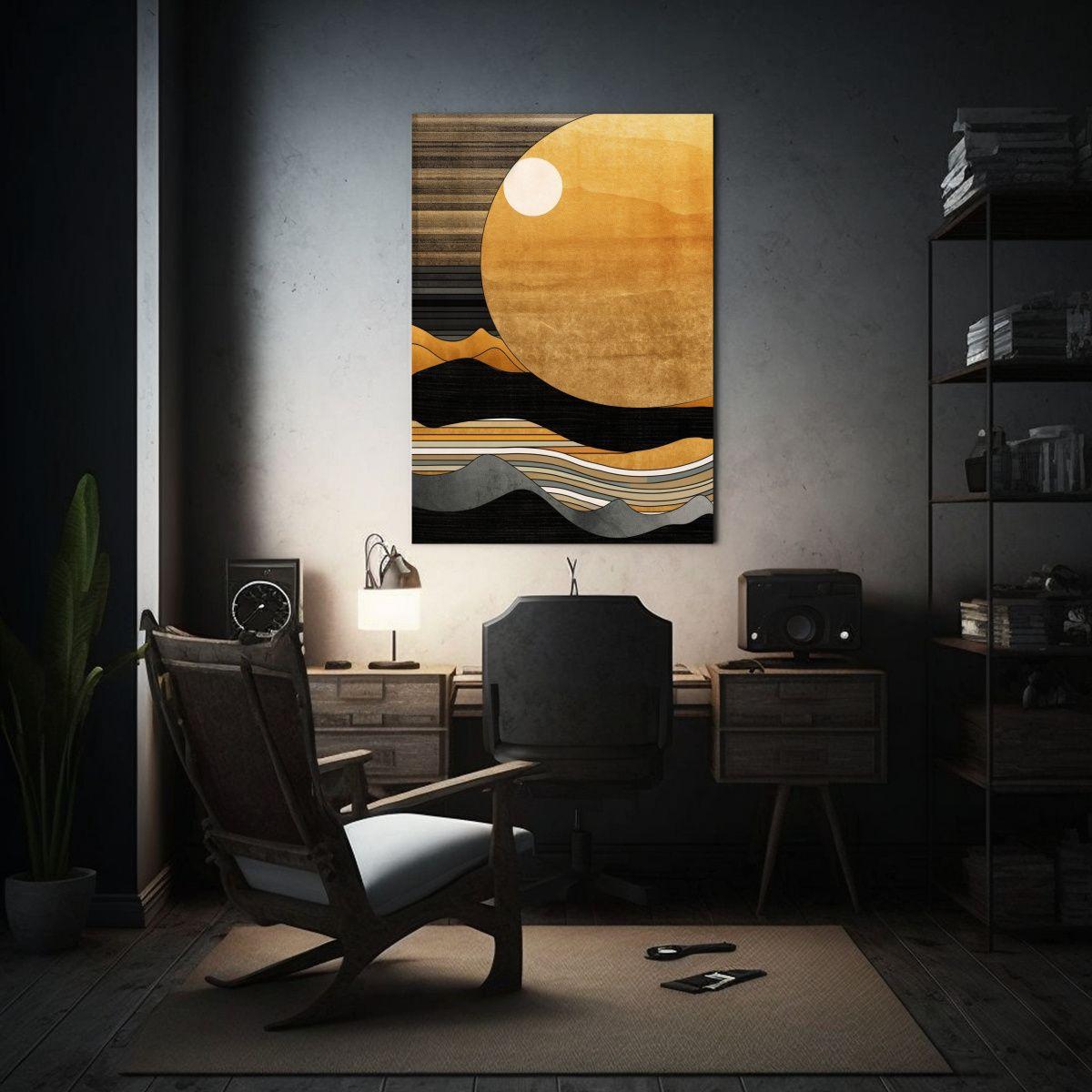 Pintura Decorativa Minimalista: Sol Amarillo Bajo Una Ola En 40x60cm-2