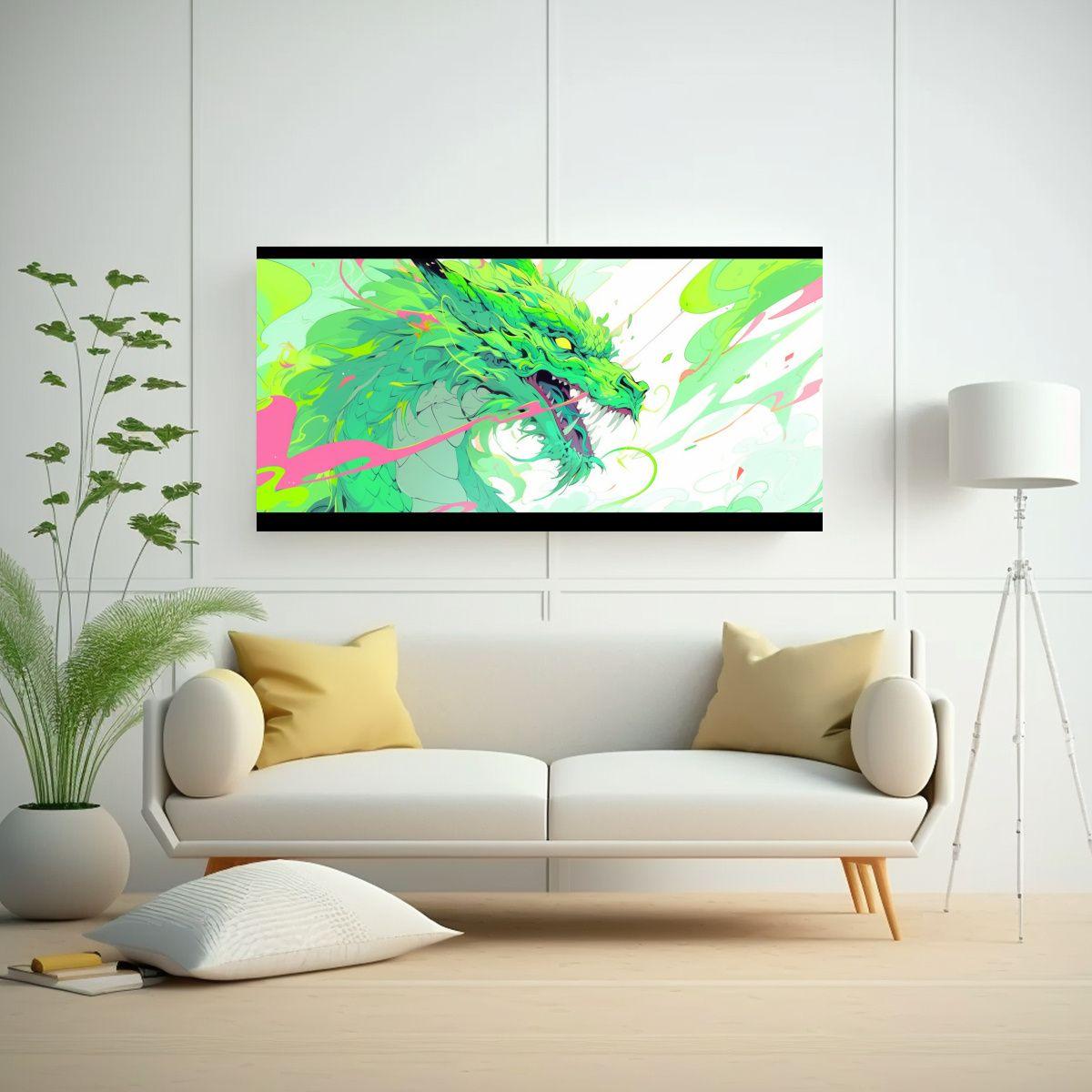 Cuadro Vintage Con Dragón En Tonos Pastel Y Verde 100x50cm-2