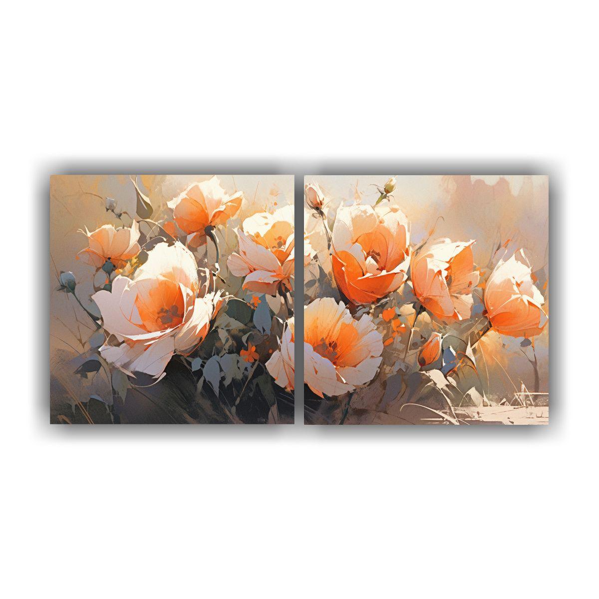 Pintura Floral Naranja En Lienzo Estilo Moderno 60x30 Cm-0