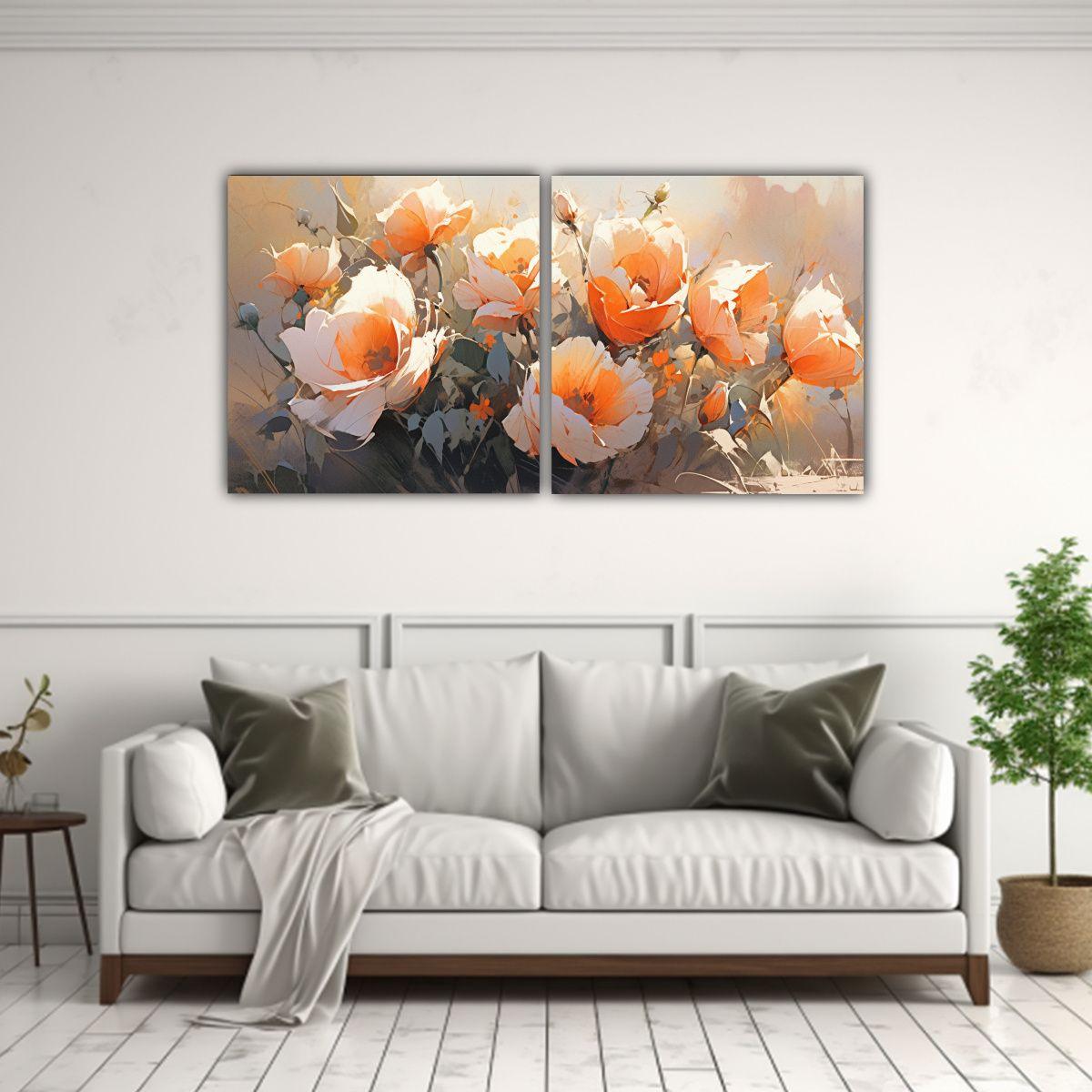 Pintura Floral Naranja En Lienzo Estilo Moderno 60x30 Cm-2