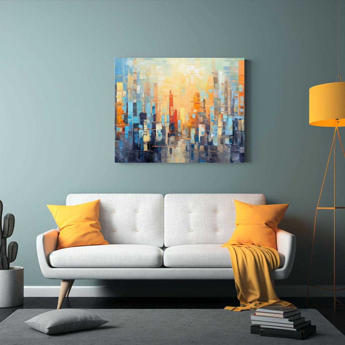 Cuadro Abstracto Neocubista De Escena Urbana Con Luz Dorada 30x20cm-1